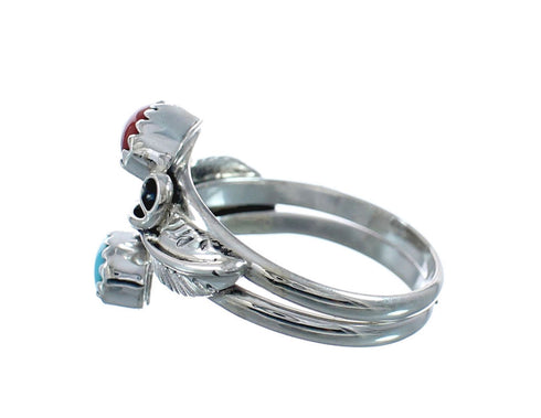 Sterling Silver Leaf Navajo Turquoise And Coral Ring Size 6-1/4 AX128322